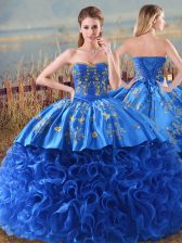 Pretty Royal Blue Sleeveless Brush Train Embroidery and Ruffles Quinceanera Dress