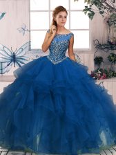 Stunning Beading and Ruffles Quinceanera Gown Blue Zipper Sleeveless Floor Length