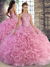 Exceptional Ball Gowns Quince Ball Gowns Rose Pink Scoop Fabric With Rolling Flowers Sleeveless Floor Length Lace Up