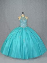 Fantastic Floor Length Aqua Blue Quinceanera Dress Tulle Sleeveless Beading
