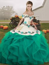 Floor Length Turquoise Quinceanera Gown Tulle Sleeveless Embroidery and Ruffles
