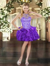 Purple Ball Gowns Organza Halter Top Sleeveless Beading and Ruffles Mini Length Lace Up Prom Dress