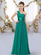 Traditional Peacock Green Empire One Shoulder Sleeveless Chiffon Floor Length Lace Up Belt Quinceanera Court Dresses