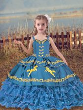  Ball Gowns Little Girls Pageant Gowns Blue Straps Organza Sleeveless Floor Length Lace Up