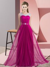  Fuchsia Sleeveless Floor Length Beading Lace Up Quinceanera Court of Honor Dress