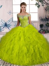  Sleeveless Brush Train Beading and Ruffles Lace Up Quinceanera Gowns