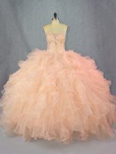 Pretty Beading and Ruffles Sweet 16 Quinceanera Dress Peach Lace Up Sleeveless Floor Length