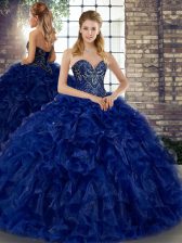 Romantic Royal Blue Ball Gowns Sweetheart Sleeveless Organza Floor Length Lace Up Beading and Ruffles Vestidos de Quinceanera