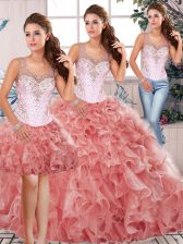 Attractive Watermelon Red Scoop Neckline Beading and Ruffles 15th Birthday Dress Sleeveless Clasp Handle