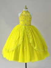 Sleeveless Lace Up Floor Length Beading and Appliques Little Girls Pageant Dress