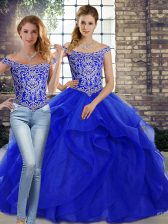  Royal Blue Sleeveless Tulle Brush Train Lace Up 15th Birthday Dress for Military Ball and Sweet 16 and Quinceanera