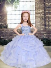  Floor Length Lavender High School Pageant Dress Tulle Sleeveless Beading and Ruffles