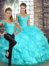  Aqua Blue Off The Shoulder Neckline Beading and Ruffles Quince Ball Gowns Sleeveless Lace Up