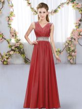 Sumptuous Floor Length Wine Red Damas Dress Chiffon Sleeveless Beading and Belt