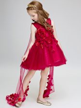 Adorable Sleeveless Hand Made Flower Lace Up Toddler Flower Girl Dress with Wine Red Watteau Train