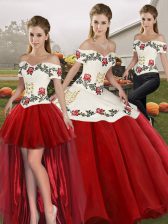  White And Red Organza Lace Up Off The Shoulder Sleeveless Floor Length Sweet 16 Dresses Embroidery