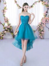  High Low Lace Up Quinceanera Court Dresses Teal for Wedding Party with Lace