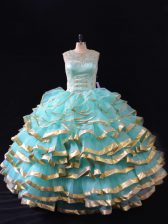 Lovely Apple Green Ball Gowns Organza Scoop Sleeveless Ruffled Layers Floor Length Lace Up Vestidos de Quinceanera