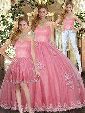  Watermelon Red Tulle Lace Up Sweet 16 Dresses Sleeveless Floor Length Appliques