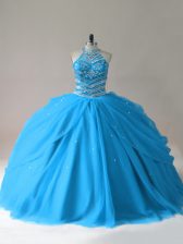  Baby Blue Sleeveless Tulle Lace Up Sweet 16 Quinceanera Dress for Sweet 16 and Quinceanera