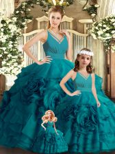  Teal Organza Backless Ball Gown Prom Dress Sleeveless Brush Train Ruffles