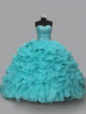 Trendy Aqua Blue Organza Lace Up 15th Birthday Dress Sleeveless Beading and Ruffles