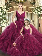  Tulle V-neck Sleeveless Backless Beading and Ruffles Quinceanera Gowns in Burgundy