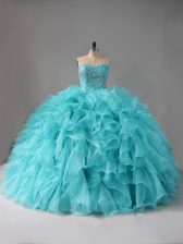  Aqua Blue Organza Lace Up Sweetheart Sleeveless 15 Quinceanera Dress Beading and Ruffles