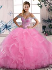Glittering Rose Pink Sleeveless Beading and Ruffles Floor Length Quinceanera Dress