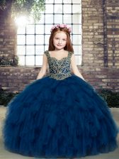  Floor Length Navy Blue Little Girls Pageant Gowns Straps Sleeveless Lace Up