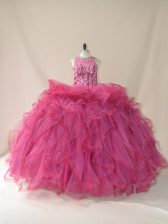 Admirable Tulle Scoop Sleeveless Brush Train Lace Up Beading and Ruffles Sweet 16 Quinceanera Dress in Burgundy
