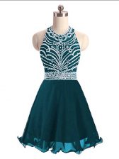  Teal Chiffon Lace Up Halter Top Sleeveless Mini Length Prom Party Dress Beading