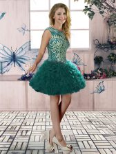 Super Organza Scoop Sleeveless Lace Up Embroidery and Ruffles Dress for Prom in Dark Green