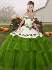 High Quality Sleeveless Brush Train Lace Up Embroidery and Ruffled Layers 15 Quinceanera Dress