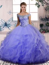 Lavender Sleeveless Floor Length Beading and Ruffles Lace Up Ball Gown Prom Dress