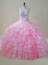 Delicate Baby Pink Ball Gowns Embroidery and Ruffled Layers Quinceanera Dresses Lace Up Organza Sleeveless Floor Length