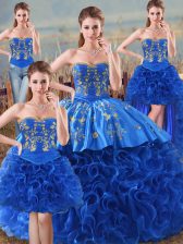  Royal Blue Ball Gowns Fabric With Rolling Flowers Sweetheart Sleeveless Embroidery and Ruffles Floor Length Lace Up Sweet 16 Dresses