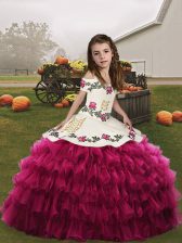  Fuchsia Sleeveless Embroidery and Ruffled Layers Floor Length Pageant Gowns For Girls
