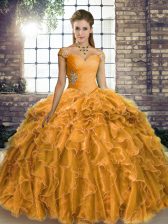Modest Gold Sleeveless Organza Brush Train Lace Up 15 Quinceanera Dress for Military Ball and Sweet 16 and Quinceanera
