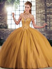 Most Popular Brown Sweet 16 Dresses Halter Top Sleeveless Brush Train Lace Up