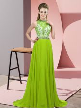  Sleeveless Brush Train Backless Beading Prom Dress