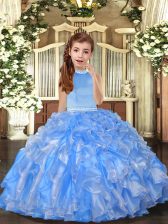 Cute Baby Blue Little Girls Pageant Dress Party and Sweet 16 and Wedding Party with Beading and Ruffles Halter Top Sleeveless Backless