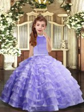  Halter Top Sleeveless Little Girl Pageant Dress Floor Length Beading and Ruffled Layers Lavender Organza
