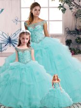 Ideal Aqua Blue Sleeveless Floor Length Beading and Ruffles Lace Up Quinceanera Dress