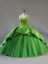  Straps Sleeveless Court Train Lace Up Sweet 16 Dresses Green Satin and Tulle