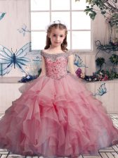  Organza Off The Shoulder Sleeveless Lace Up Beading and Ruffles Little Girl Pageant Gowns in Pink 