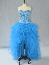 Romantic Sweetheart Sleeveless Evening Dress High Low Beading and Ruffles Aqua Blue Organza