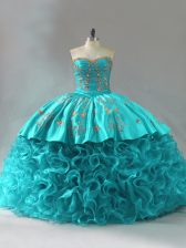 Best Sleeveless Fabric With Rolling Flowers Brush Train Lace Up Vestidos de Quinceanera in Aqua Blue with Embroidery and Ruffles