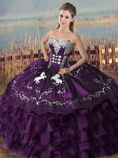 Romantic Purple Ball Gowns Sweetheart Sleeveless Satin and Organza Floor Length Lace Up Embroidery Quinceanera Gown