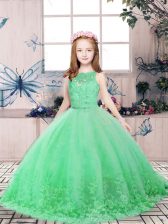  Green Ball Gowns Scoop Sleeveless Tulle Floor Length Backless Lace and Appliques Pageant Dresses